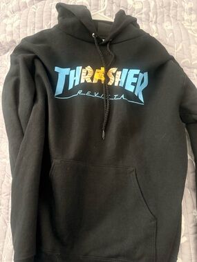 Thrasher Black Hoodie with Blue and Yellow Logo